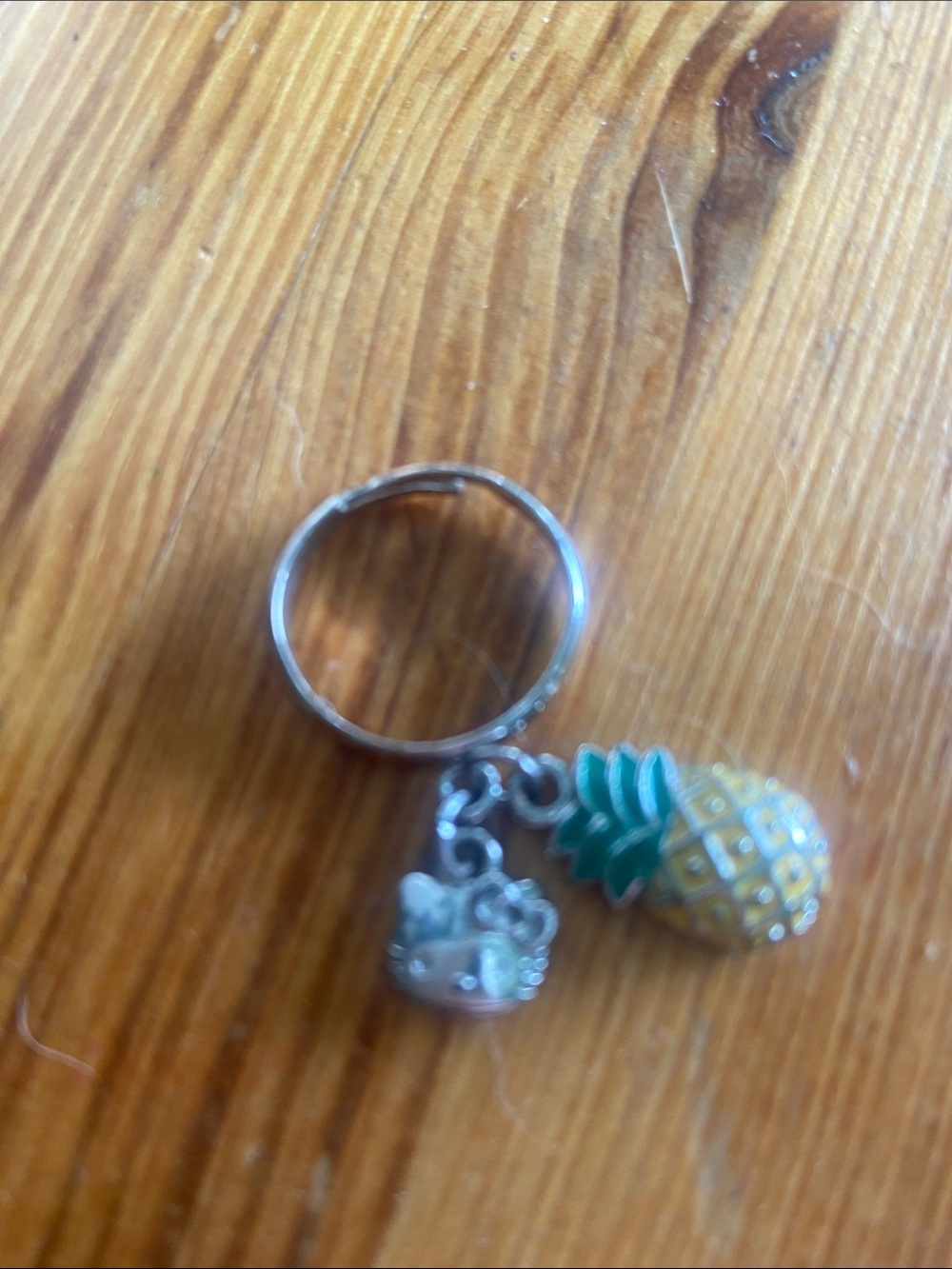 Silver Tone Pineapple and Hello Kitty Charm Ring - Yellow Green Pineapple Accent